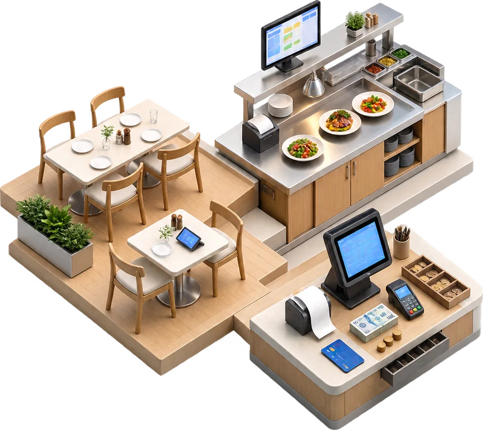 WMB Adisyon — restoran masaları, mutfak ve kasa alanını gösteren izometrik çizim